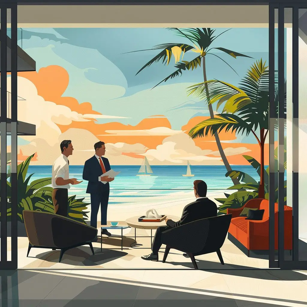 Real estate agent in South Florida explaining market changes to clients using a tablet, with a luxury beachfront property and Miami Beach skyline in the background.